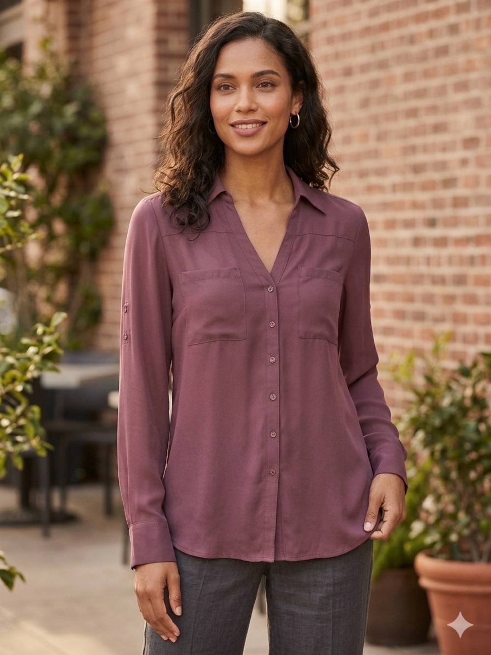 Express Plum Button-Front Collared Blouse